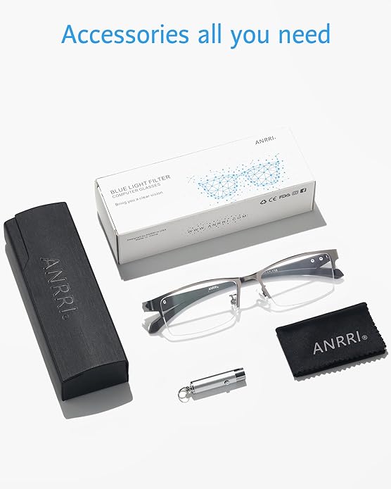 ANRRI Blue Light Glasses for Men Semi Rimless Rectangle Metal Frame UV Blocking Computer Glasses