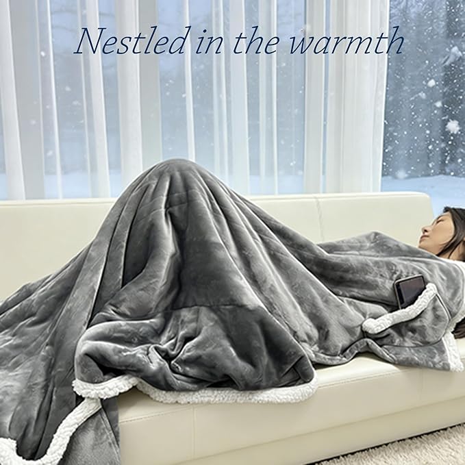 Heated Blanket Wearable Shaw - Electric Wrap Poncho Heated Throw Blanket with Hand Pockets, 50 * 64", 6 Heating Levels & 1-4H Timer, Ideal for Family, Light Grey