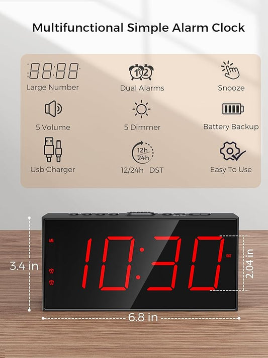 PPLEE Alarm Clock for Bedroom, Large Number Digital Clock with Dimmer for Living Room, Dual Alarms Easy to Read clock for Seniors, Electric Bedside Desk Clock with USB Charger, Digital Red LED Display