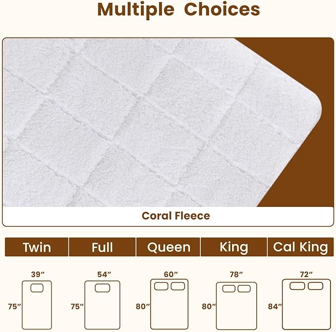 Bearhug Electric Heated Mattress Pads Queen Size 60”×80” Sherpa Bed Warmer with 16” Deep Pocket 10 Heat Settings 12-Hour Timer Machine Washable White