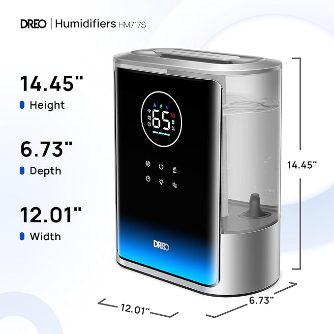 DREO 8L Smart Humidifier Large Room 600ftยฒ, HM717S, 80H Runtime Supersized Warm and Cool Mist Humidifiers for Bedroom Baby, 28dB Quiet Air Humidifier for Plants Indoor, Home, Whole House, Silver