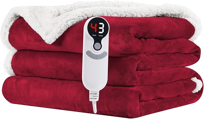 LUXIAN Electric Heated Blanket Twin Size 62"x84" - Microplush & Sherpa Fabric Dual-Sided, 9 Heat Settings & 1-10 Hours Auto Off, Cozy Warming Throw for Home, Office, or Bed, Machine Washable,Wine Red