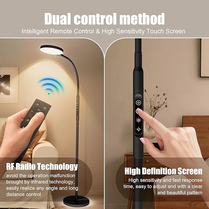 Daylight Floor & Desk Lamp – 11,000 Lux UV-Free Full Spectrum Light, 5 Color Temperatures & 10 Brightness Levels, 360° Gooseneck Lamp for Home Office, Bedroom & Reading (Black)