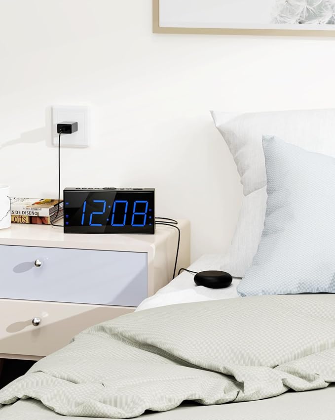 Roxicosly Loud Alarm Clock with Bed Shaker, Vibrating Alarm Clock for Heavy Sleepers/Hard of Hearing/Deaf,Dual Alarms, 7.5โโ Large LED Display, Dimmer, USB Charging Port, Plug-in with Memory Function