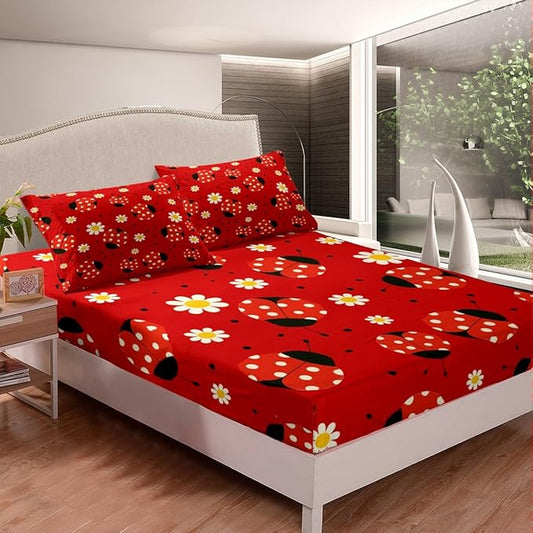 Ladybug Fitted Sheet Full,Boho Daisy Red Black Polka Dot Bed Sheet 3 Pieces Fits Mattress,Watercolor Flowers Cartoon Decorative Fabric Bedding All-Round Elastic Pocket