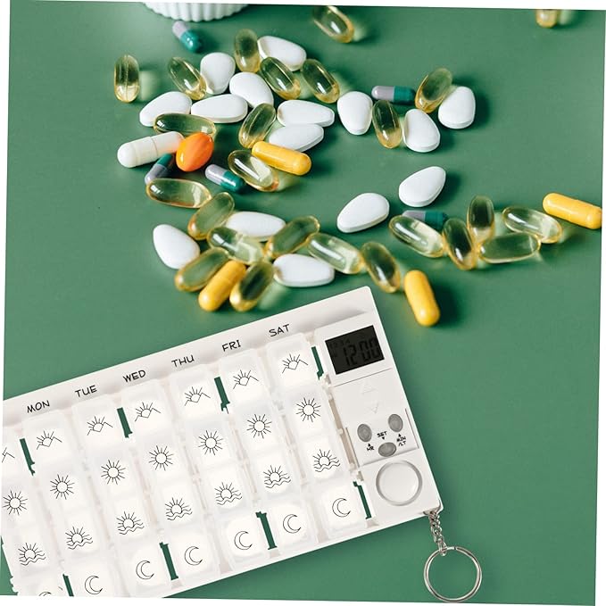 7 Mini Pill Box Travel Alarm Clock Mini Alarm Clock Lock Box for Medication Containers 7 Days Pill Box White Storage Box Dispenser Electronic Medicine Chest Travel Medication