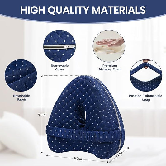Knee Pillow for Side Sleepers, Alignment Pillows for Side Sleepers, Memory Foam Leg Pillow with Sleeping. Foam Support Pillow for Soothing Pain Relief for Sciatica - Adjustable Strap(Navy)