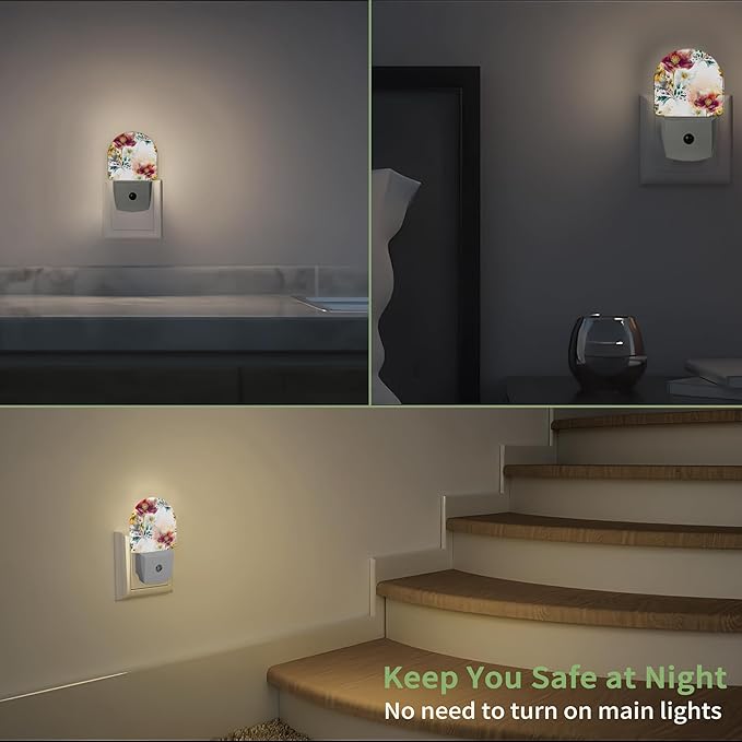 Vintage Flower Burgundy Night Light, Night Light Plug into Wall with Dusk to Dawn Sensor, LED Lamp Energy Saving Lights for Men Women Boys Girls,Lamp for Bedroom Bathroom Hallway