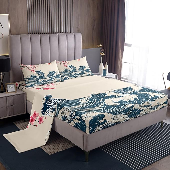 Waves Sheet Set Twin,Koi Cherry Blossom Sunrise Bed Sheet 3pcs with Deep Pocket Fitted Sheet + Flat Sheet + 1 Pillowcase Japanese Art Landscape Romantic Natural Bedding Set for Kids Teens Room Decor