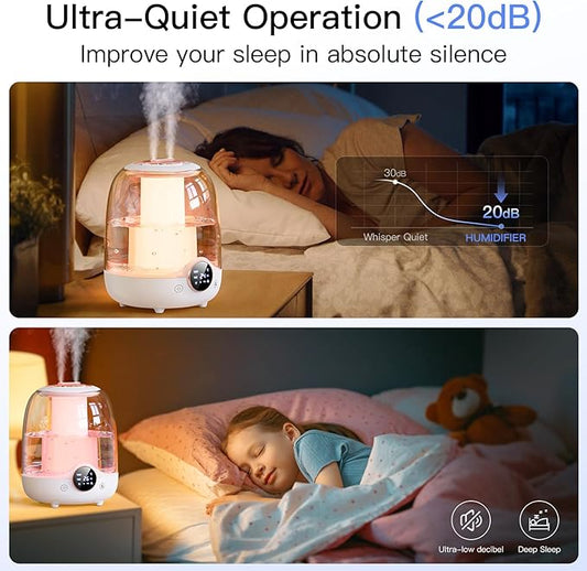 Humidifiers for Bedroom, 3L Tank for 30H 20dB Quiet Mist Time, Dual Nozzles, LED Lights, Smart Timer (2/4/8 Hours), Auto Shut-Off, Perfect for Baby and Large Rooms (White)