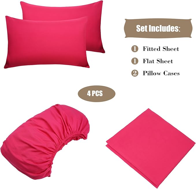4 Piece Bed Sheet Set (Queen,Hot Pink) 1 Flat Sheet,1 Fitted Sheet and 2 Pillow Cases,Brushed Microfiber Luxury Bedding with Deep Pockets