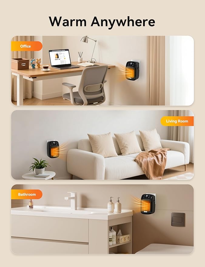 Brightown Wall Plug-in Heater for Indoor Use, 800W Small Electric Space Heater with Thermostat, Remote Control, Overheat Protection, LED Display, 12H Timer for Home Bedroom Office RV, Black