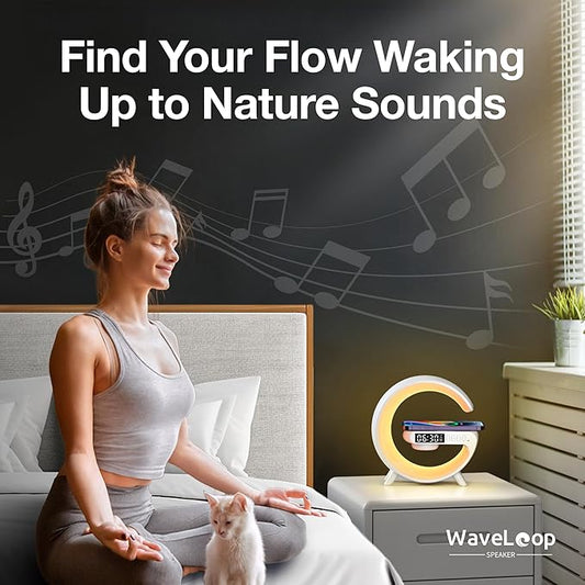 Waveloop Speaker Alarm Clocks for Bedrooms with Wireless Charging and G Bluetooth Speaker, Sunrise Wake Up Light RGB Night Lamp, 4-Button Bedside Alarm Clock for Bedroom Time Display, USB-C