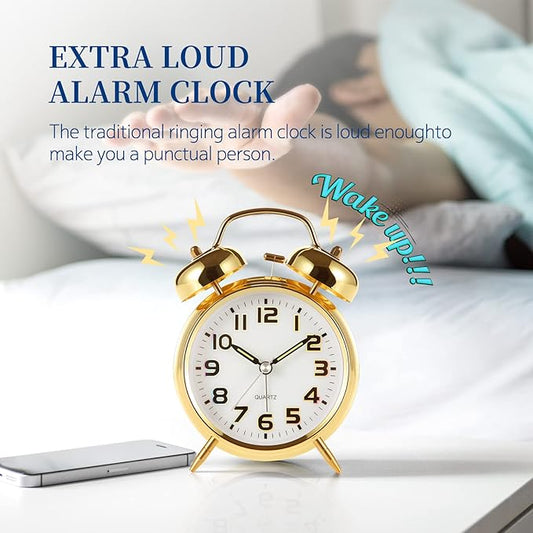 Super Loud Alarm Clock for Heavy Sleepers,4 inches Twin Bell Alarm Clock with Backlight,Battery Operated,Silent Non Ticking,for Kids,Adults,Bedrooms,Retro Decor Desk Analog Clocks. (Golden)