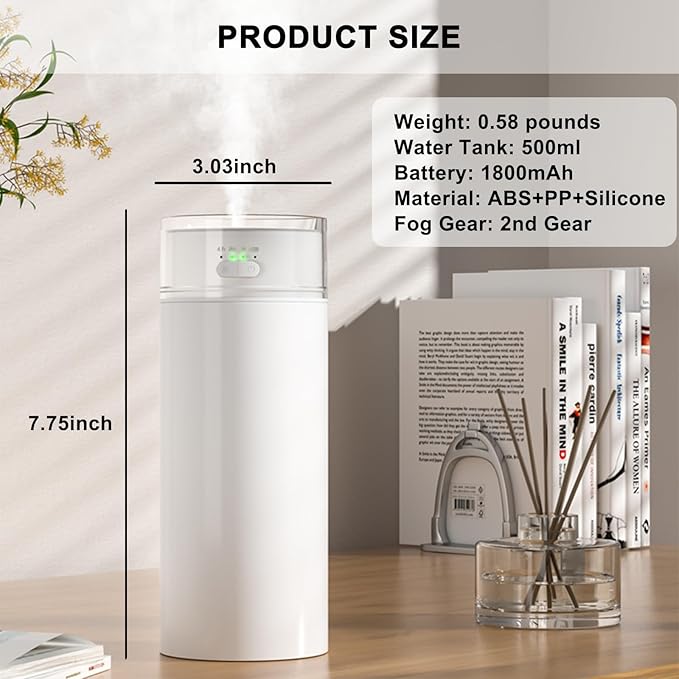 Portable Bedroom Humidifier, Rechargeable Car Mounted Humidifier, 500ml Thick Fog Timed Colorful Cup Humidifiers, Suitable for Small Air Humidifierss in Bedrooms, Cars, Offices & Travel (White)