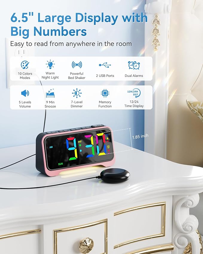 Loud Alarm Clock for Heavy Sleepers Adults, Bed Shaker Alarm Clock with 10-Color Modes/Night Light/USB Charger/7 Dimmer/Battery Backup, Vibrating Alarm Clocks for Hearing Impaired Deaf, Kids, Teens