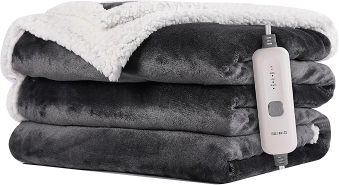 Electric Heated Blanket 50"x60" Throw Size Flannel & Sherpa - 4 Heat Settings & 3H Auto Shut Off, Fast Heating, Machine Washable for Bed, Couch, Office - Dark Gray