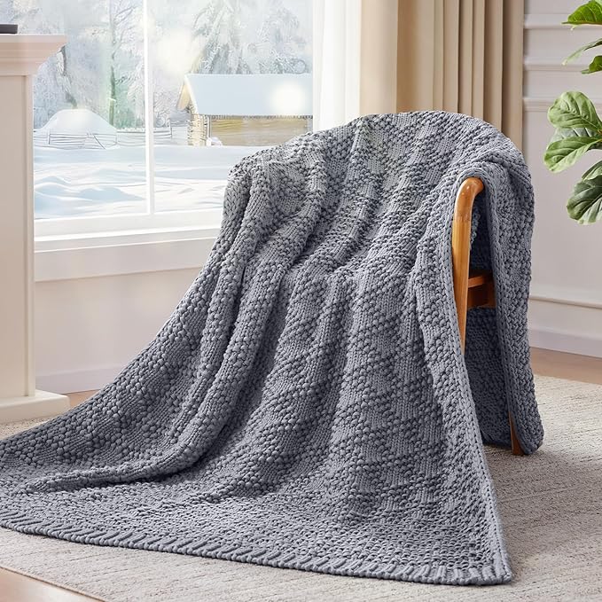Knitted Weighted Blanket for Adult, Chunky Knit Weighted Throw for Sleep 40"*60" 7lbs, Cooling Breathable Heavy Blanket for Hot Sleepers, Machine Washable Blanket for Room Decor(Light Grey)
