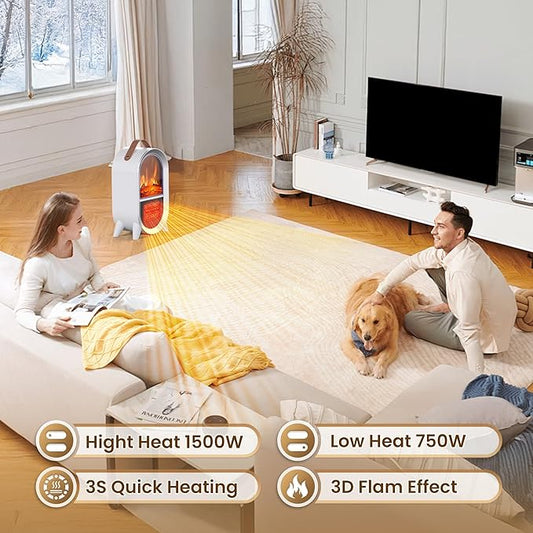 Portable Electric Fireplace Heater, 1500W/750W Mini Space Heater for Indoor Use with 3D Flame, Thermostat, Carry Handle, Overheat & Tipover Protection, for Home Office Bedroom Desk, White