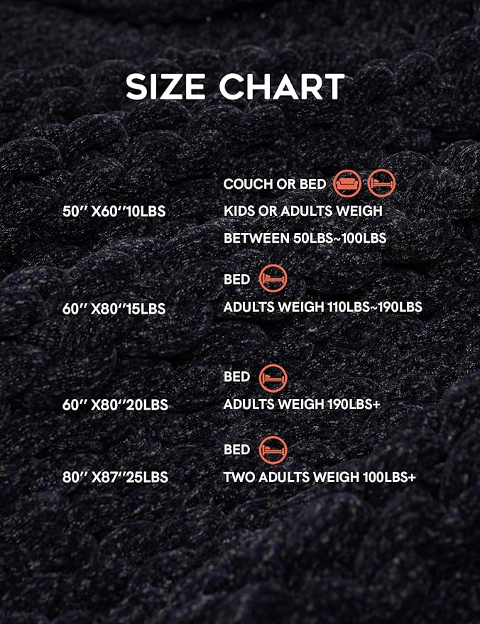 YnM Chenille Weighted Blanket, Handmade Chunky Knitted Design, Soft and Cozy, Temperature Regulating and Breathable, Machine Washable Throw for Sleep or Home Decor (Black Blue, 50x60 Inch, 10lbs)