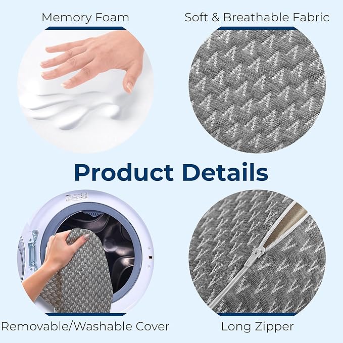5 STARS UNITED Knee Pillow for Back Sleeping โ Memory Foam Cushion for Sciatica Pain Relief โ Under Leg Support for Sleeping on Back โ Large Half Moon Bolster for Bed, Gray