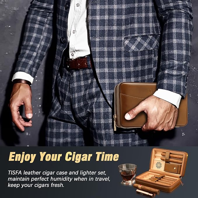 TISFA Cigar Humidor, Leather Cedar Wood Cigar Case with Cigar Lighter, V Cut Cigar Cutter, Cigar Holder 3 in 1, Portable Travel Cigar Humidor Box with Humidifier (Brown)