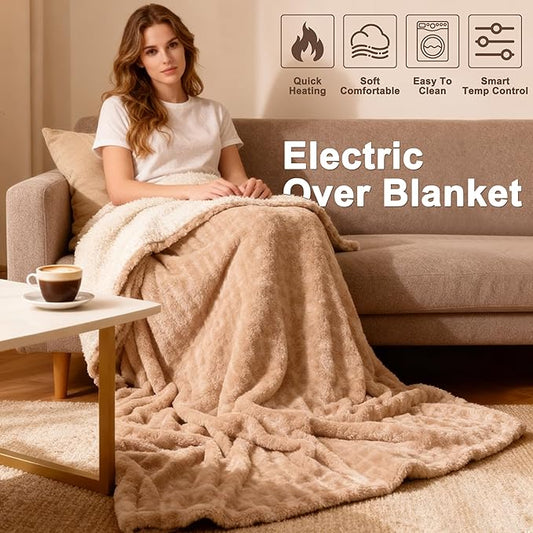 KINGTE Heated Blanket Electric Blanket Twin Size 62"x84" - Dual Sided Warm Sherpa & Bubble Plush,Electric Heating Blanket with 8 Heat Levels 6 Hours Auto-Off, Machine Washable, for Women
