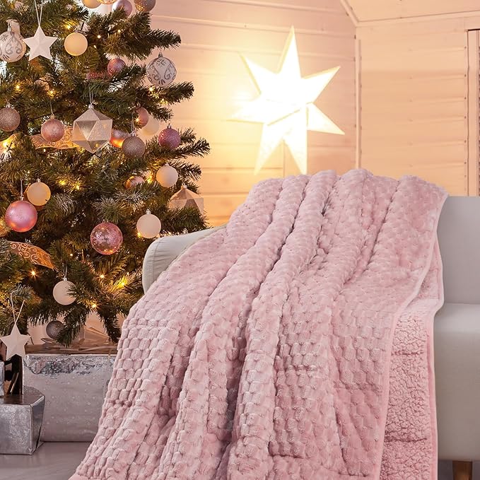 Drewin Queen Size 20 lbs Weighted Blanket for Adults, Soft Fuzzy Jacquard Sherpa Weighted Blankets for Sleeping, Cozy Sofa Bed Blanket for Winter, Pink, 60 x 80 inches