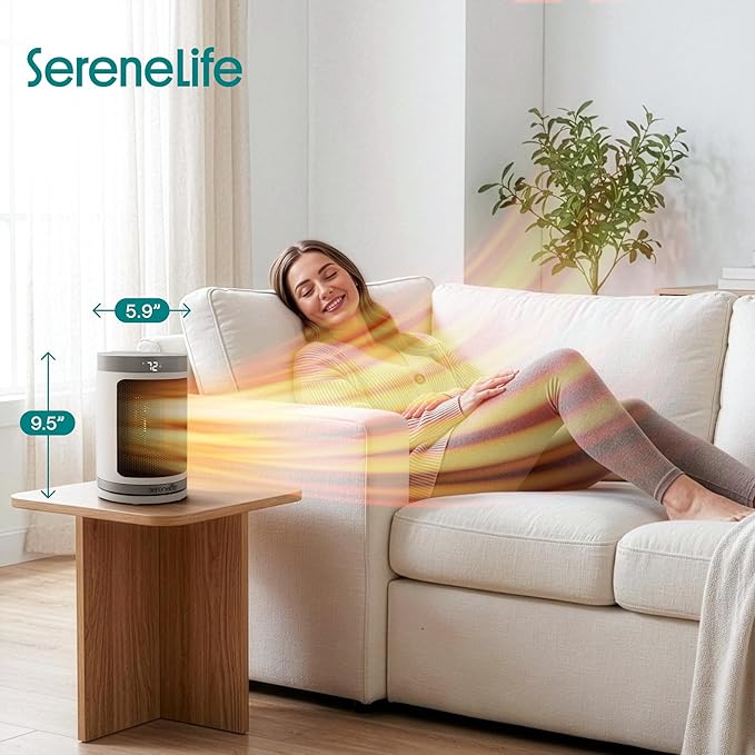 SereneLife Portable Space Heater – 1500W PTC Ceramic Electric Heater with Thermostat, Remote, 12-Hour Timer, 3 Heating Modes, Oscillation, Safe & Quiet for Home, Office, Bedroom (White)