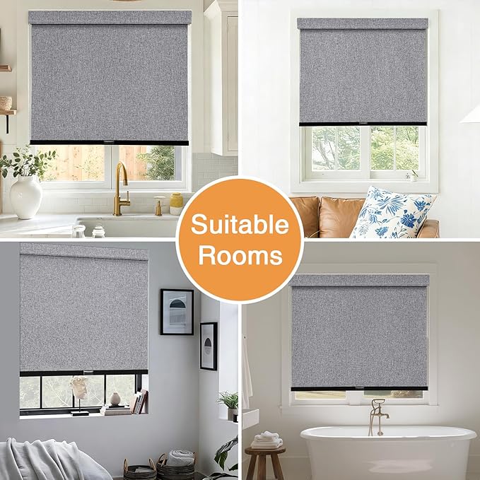 AOSKY No Drill Cordless Blackout Roller Shades with Valance,Customize Blinds for Indoor Windows,Room Darkening Window Shades Pull Down with Free-Stop Spring System, UV Protection for Home Heather Grey