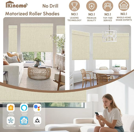 Kincmo No Drill Motorized Blinds with Remote, 100% Blackout Roller Shades for Windows, Custom Electric Blinds Compatible with Alexa, Apple Homekit, Google Home (100% Blackout Dual Sided Beige)