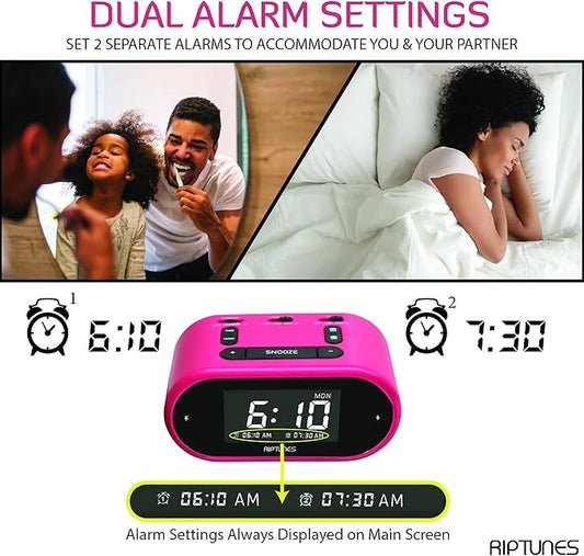 Riptunes Loud Alarm Clock with Bed Shaker for Heavy Sleepers & Hearing Impaired - Dual Alarm for Bedroom Weekday and Weekend Settings USB Charging, Dimmer, Snooze