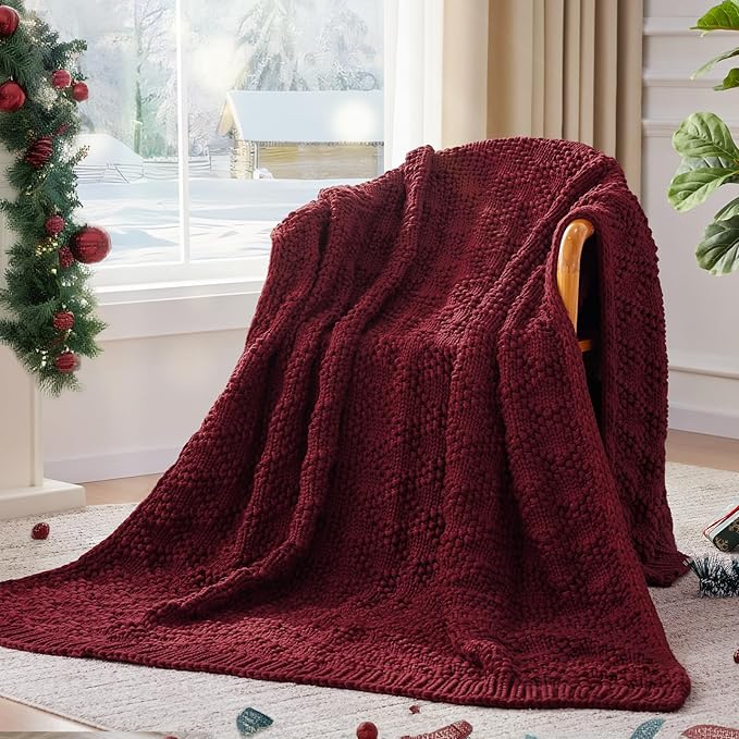 Knitted Weighted Blanket for Adult, Chunky Knit Weighted Throw for Sleep 50"*60" 5lbs, Cooling Breathable Heavy Blanket for Hot Sleepers, Machine Washable Blanket for Room Decor(Red)
