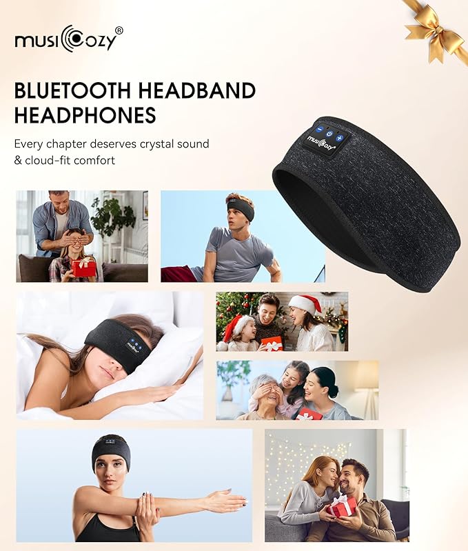 MUSICOZY Sleep Headphones Bluetooth 5.4 Headband, Wireless Earphones Music Sleep Earbuds Sleeping Eye Mask with HD Stereo Speakers for Workout Running Travel Yoga, Ideal Gifts for Men Women(Black)