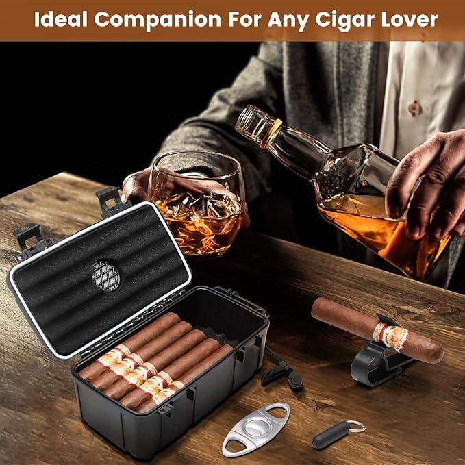 Flauno Travel Humidor - Portable Case Kit with Lighter (Without Gas), Cutter, Holder, Humidifier & Dropper, Waterproof, Crushproof, Airtight Seal (Holds up to 15 Cigars)