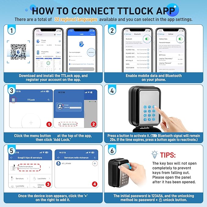 HUANLANG Smart Key Lock Box - Bluetooth Electronic Lock Box for Keys, Wall Mount Digital Key Storage with App Control & PIN Code Types, IP65 Waterproof lockbox for Home, Airbnb, Realtor and Office
