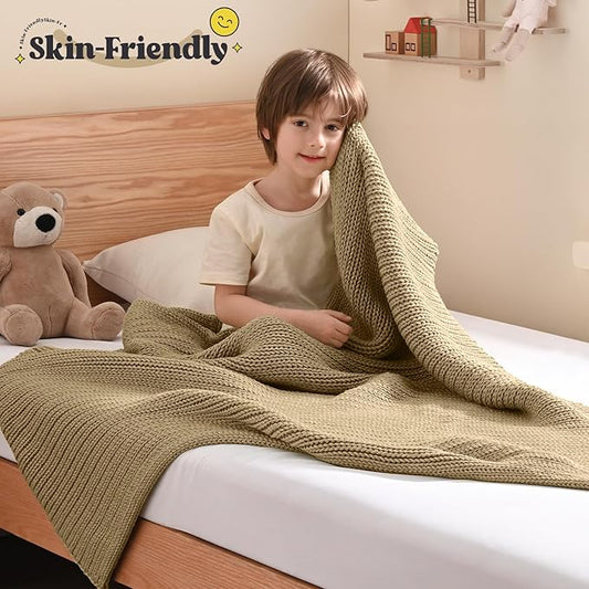 Guohaoi Knitted Weighted Blanket (Beige 40"x60" 10lbs) No Beads Cooling Heavy Blanket, Home Decor Breathable Chunky Knit Throw Blanket for All-Season Use