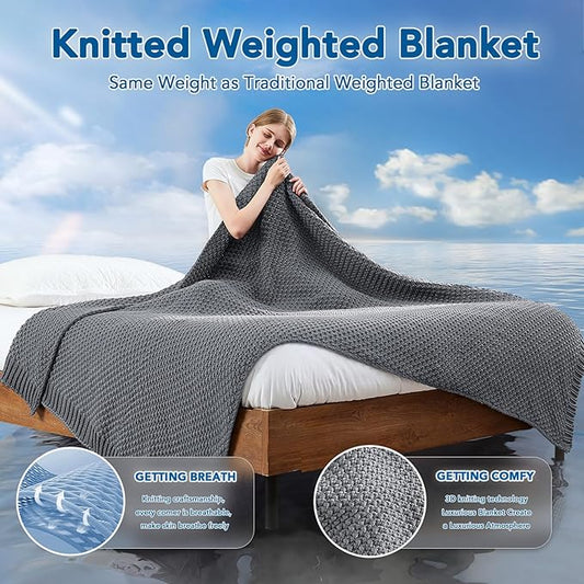 Topcee Knitted Weighted Blanket - 50"x60" 7lbs Cooling Chunky Knit Heavy Blanket for Adults Cable Yarn Knit Decorative No Beads Soft, Cozy and Cooling Weighted Throw Blankets Machine Washable