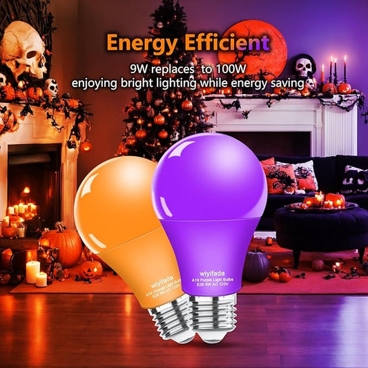2 Pack A19 LED Orange Purple Light Bulbs,120V E26 Halloween Light Bulb LED Lights 9W Replace to 100W, Dimmable Colored Light Bulbs for Porch