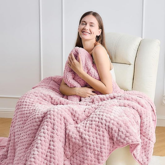 Wemore Fleece Weighted Blanket for Adults (60" x 80" 20lbs, Pink), Dual Sided Cozy Soft Sherpa Heavy Blanket, 3D Imitation Turtle Shell Warm Jacquard Flannel Weighted Blankets for Couch and Bed