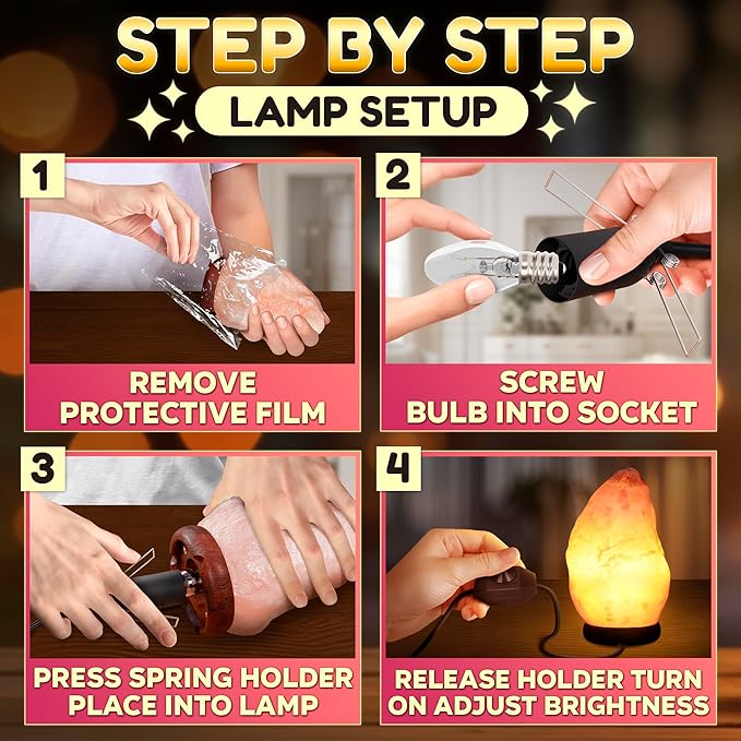 Himalayan Salt Rock Lamp with Dimmer – Hand-Carved Himalayan Salt Lamp 5.5–7 Inch (3-5.5 Lbs) with Wooden Base, Cord & Bulb – Adjustable Warm Amber Glow for Bedroom, Living Room, or Meditation Space