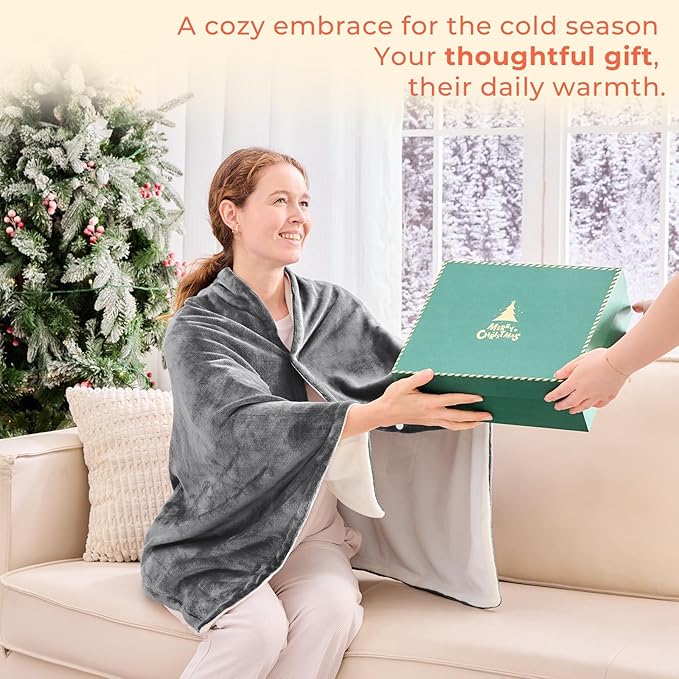 JOLLYVOGUE USB Heated Blanket Throw, Wearable & Portable Heating Electric Blanket for Adults, 3 Levels & 8 Heating Zone Shawl for Indoor & Outdoor, Light Grey (Battery Not Included)