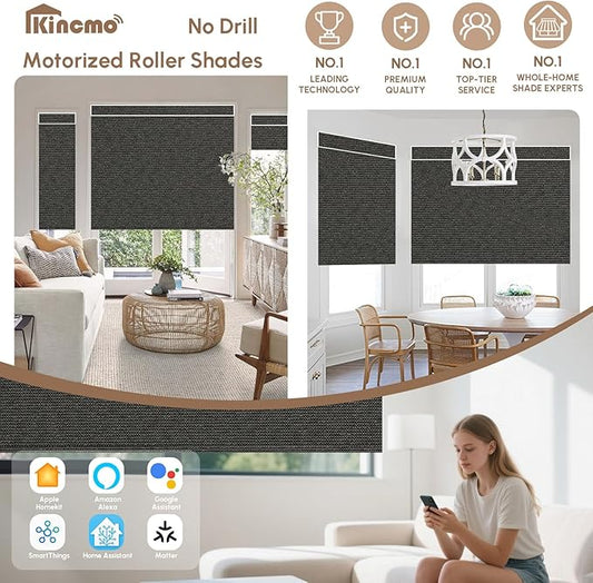 Kincmo No Drill Motorized Blinds with Remote, 100% Blackout Roller Shades for Windows, Custom Electric Blinds Compatible with Alexa, Apple Homekit, Google Home (100% Blackout Starscape Brown)