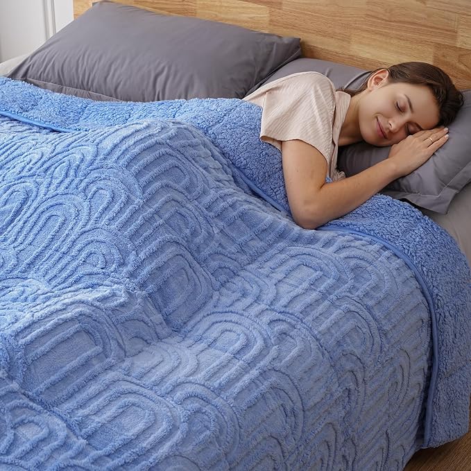 Sherpa Fleece Adult Weighted Blanket Great for Sleep, 15 lbs Dual Sided Soft Fuzzy Heavy Blankets for Couch Bed Sofa, Cozy Warm Fluffy Arched Jacquard Throw for Winter (Blue, 60" x 80", 15 Pounds)