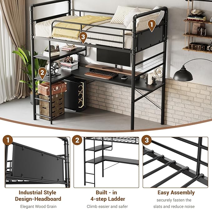 GarveeHome Loft Bunk Bed with L-Shaped Desk, Twin Loft Bed with Desk Underneath, Metal Bunk Beds with High Guardrail and Ladder for Kids/Teens/Adults, Easy Assembly, Vintage Black