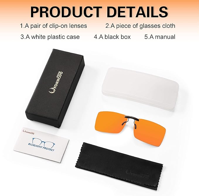FONHCOO Clip on Blue Light Blocking Glasses Womens Mens over Prescription Glasses Frameless Lens Anti Eyestrain Headaches