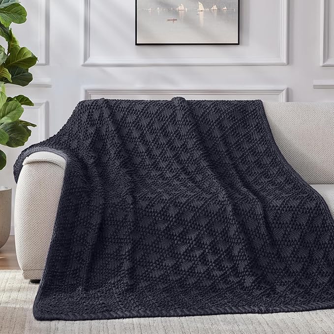Knitted Weighted Blanket for Adult, Chunky Knit Weighted Throw for Sleep 50"*60" 5lbs, Cooling Breathable Heavy Blanket for Hot Sleepers, Machine Washable Blanket for Room Decor(Dark Grey)