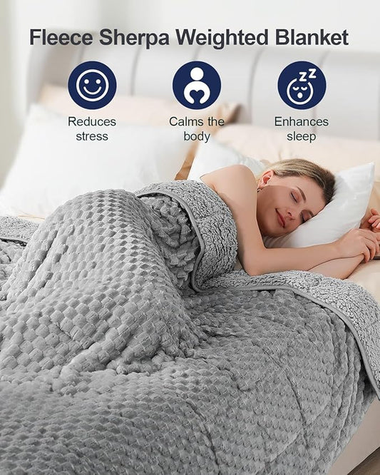 Super Soft Luxury Fleece Sherpa Weighted Blanket 15 lbs for Adults, Turtle Shell Fuzzy Cozy Fluffy Queen Size Weighted Throw, Ceramic Beads Washable Heavy Blankets for Couch Bed, Grey, 60" x 80"