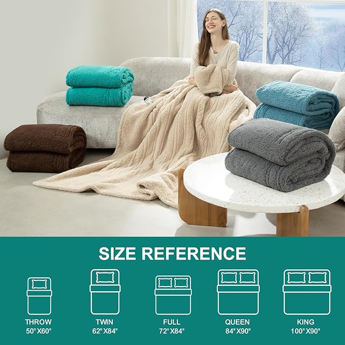 Heated Blanket Throw 50"X60" - Soft Double Sided Sherpa Electric Blanket Throw with 5 Heatings Levels & 4 hrs Auto Shut Off, Overheat Protection & ETL Certified for Women(Green)