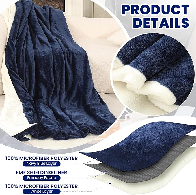 Preboun 51.18 x 40.55 Inch Faraday Blanket for Pregnant Babies, Emf Blanket Protection 5 g, Bluetooth, Phone Towers, Two Sides Using for Beds Couches Travel(Flannel, Blue)